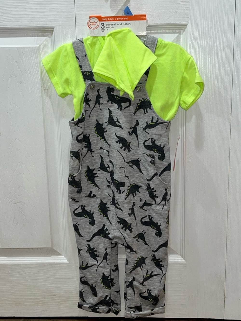 NWT Wonder Nation 24 month Boys Dinosaur Overalls Set with Neon Tee and Bib